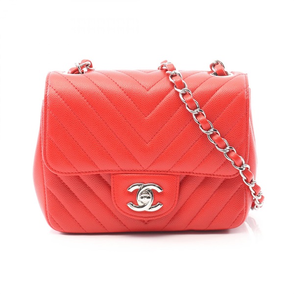 CHANEL Chevron V Stitch chain crossbody Shoulder Bag A35200 leather SHW Red Used