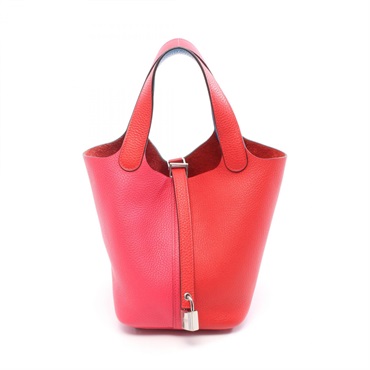 HERMES Picotin Lock casaque PM Tote Handbag Clemence leather Pink red used SHW Z