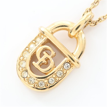 Christian Dior CD logo Necklace Pendant Gold Plated Rhinestone Clear Used Women