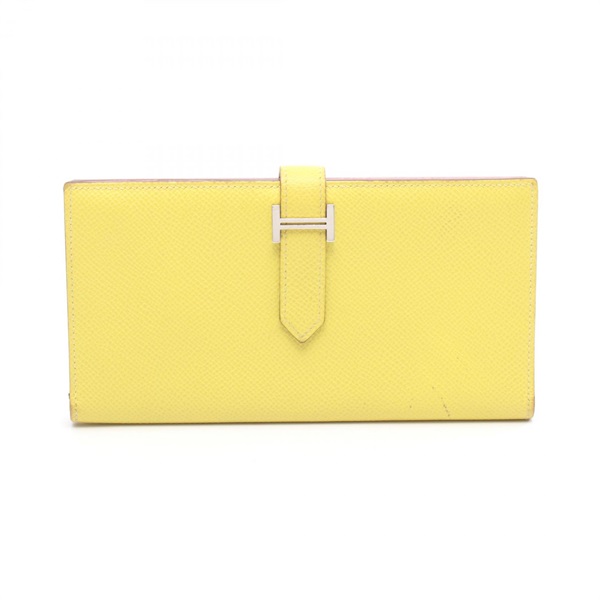 HERMES Bearn Soufflet Verso Bifold purse Epsom leather Yellow Pink Used D SHW