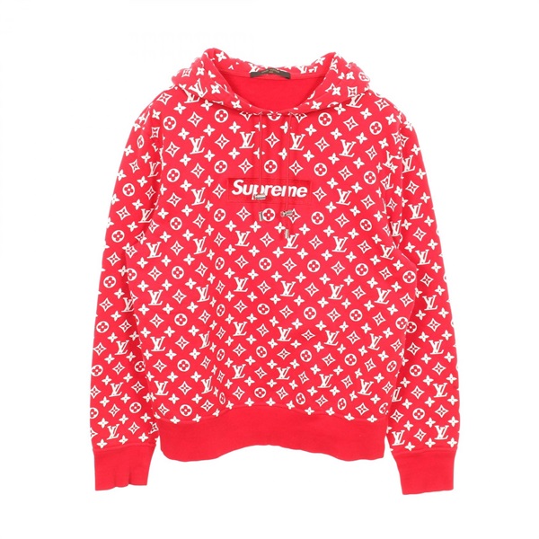LOUIS VUITTON × Supreme Hoodie with box logo cotton Red White #S Used Unisex LV