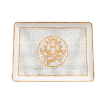 HERMES Mosaic 24PM Tableware Pottery dish plate White Gray Orange Used unisex