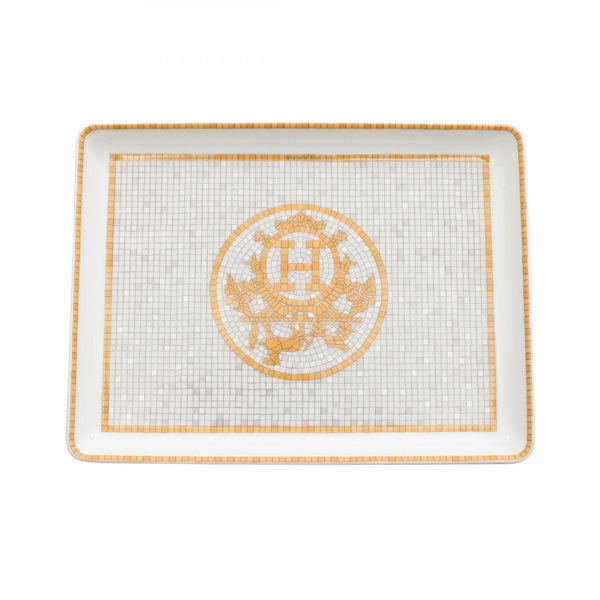 HERMES Mosaic 24PM Tableware Pottery dish plate White Gray Orange Used unisex