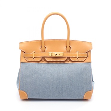 HERMES Birkin 30  Handbag Denim leather Denim Blue Brown Used Women I GHW