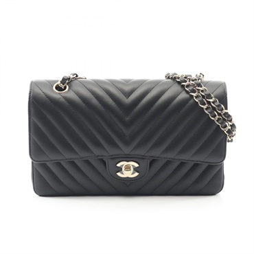 CHANEL Chevron V-stitch W-flap Chain Shoulder Bag A01166 leather Black GHW Used