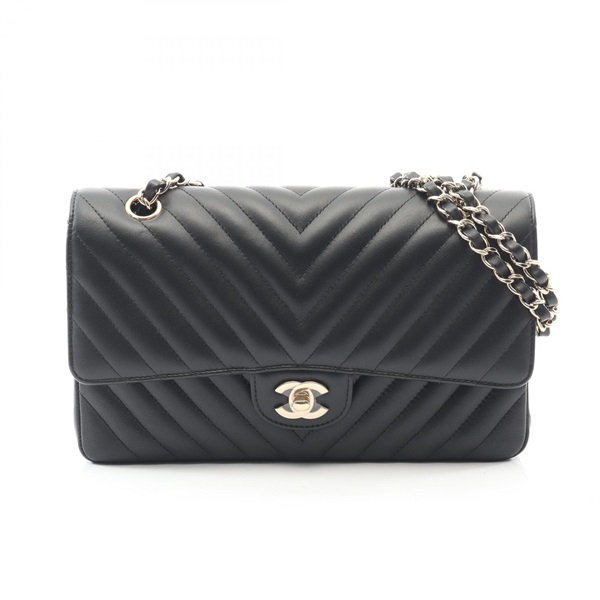 CHANEL Chevron V-stitch W-flap Chain Shoulder Bag A01166 leather Black GHW Used