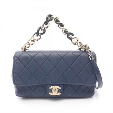 CHANEL Large flap Matelasse Chain Shoulder Crossbody Bag lamb leather Navy Used