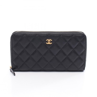 CHANEL Matelasse Around long wallet Grained calf leather Black Used Women GHW CC