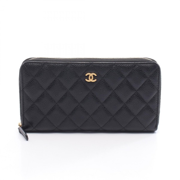 CHANEL Matelasse Around long wallet Grained calf leather Black Used Women GHW CC