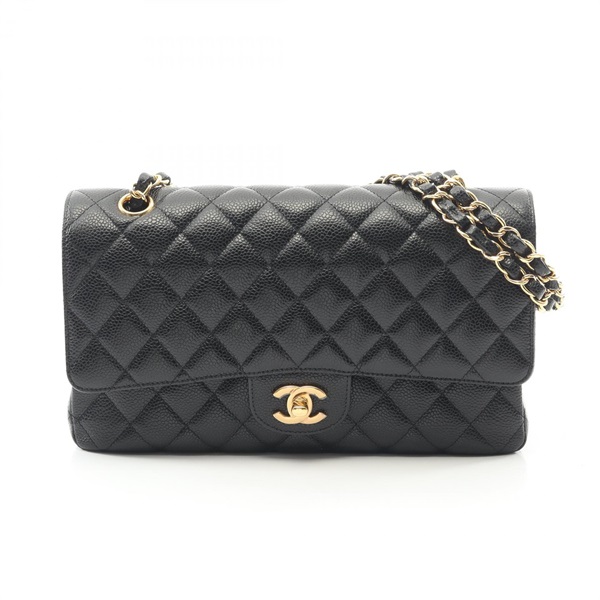 CHANEL Matelasse W flap Shoulder Bag A01112 Grained calf Black Used Women GHW CC