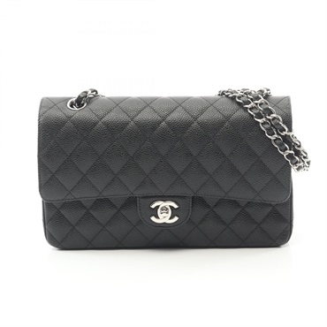 CHANEL Matelasse W flap Shoulder Bag A01112 Grained calf Black Used Women SHW CC
