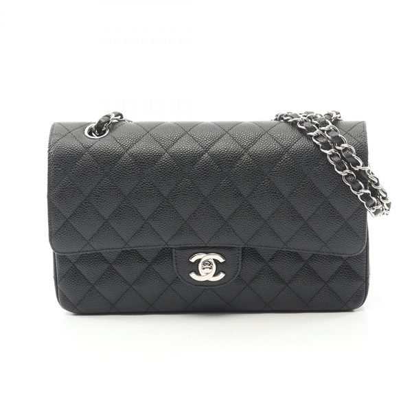 CHANEL Matelasse W flap Shoulder Bag A01112 Grained calf Black Used Women SHW CC