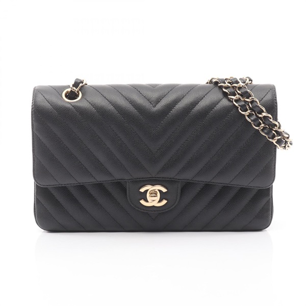CHANEL Chevron V-stitch W flap Chain Shoulder Handbag A01166 leather Black GHW