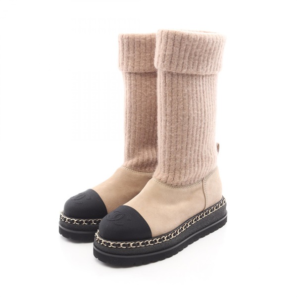 CHANEL COCO Mark short boots #36C Fabric Suede Beige Black Used Women