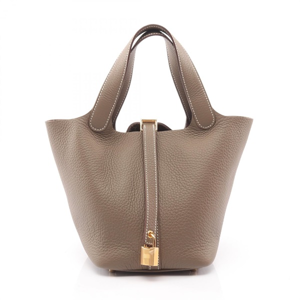 HERMES Picotin Lock PM tote bucket Handbag W Taurillon Clemence Etoupe Grey GHW