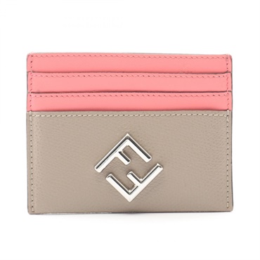FENDI FF Diamond Card Case holder leather Beige Pink Used Women