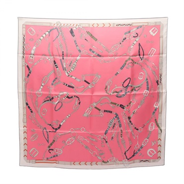 HERMES Carre 90 LES CHEVAUX DE CHAINES Scarf stole wrap echarpe silk Pink Used