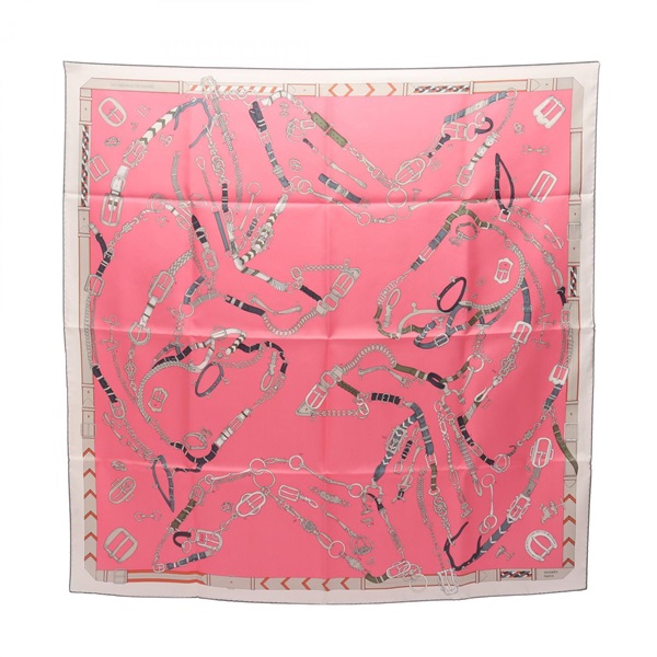 HERMES Carre 90 LES CHEVAUX DE CHAINES Scarf stole wrap echarpe silk Pink Used