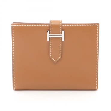 HERMES BEAN Compact Bi-fold wallet leather Brown Gold Used Women J SHW