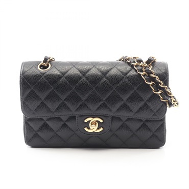 CHANEL Matelasse W flap Chain Shoulder Bag A01113 leather Black Used Women GHW