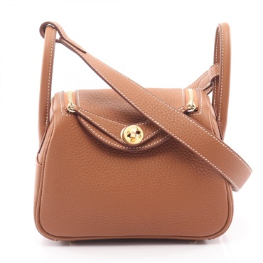 HERMES Lindy Mini Shoulder Handbag Clemence leather Brown Gold GHW K