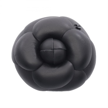 CHANEL Camelia Brooch Pin Stainless Steel leather Black Used Women Coco CC