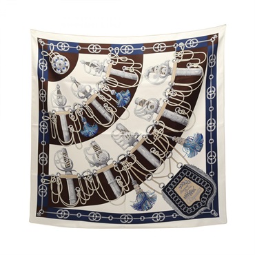 HERMES Carre90 Cliquetis Scarf silk White Navy Brown Used Women