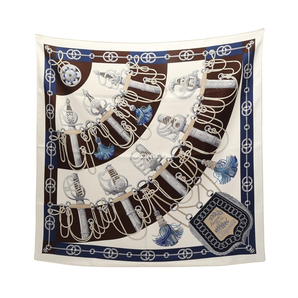 HERMES Carre90 Cliquetis Scarf silk White Navy Brown Used Women