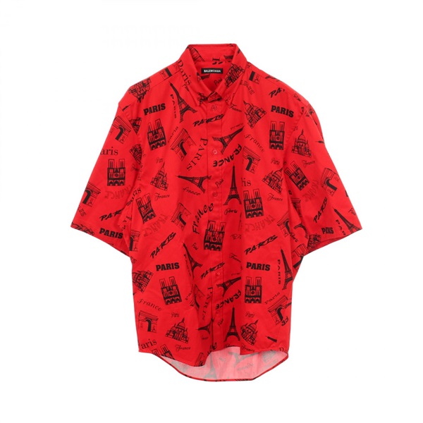 BALENCIAGA Tourist Print Short Sleeve Shirt 602026 cotton Red Black Used mens