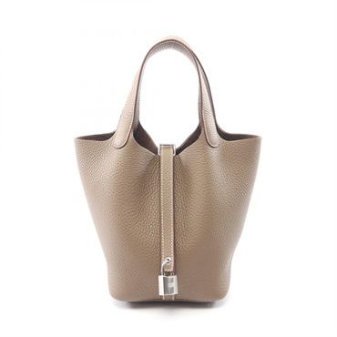 HERMES Picotin Lock PM Handbag K Taurillon Clemence leather Etoupe Grey Used SHW