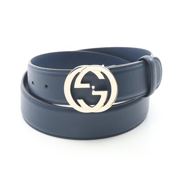 GUCCI Interlocking G Belt leather Navy Gold hardware Used mens GG