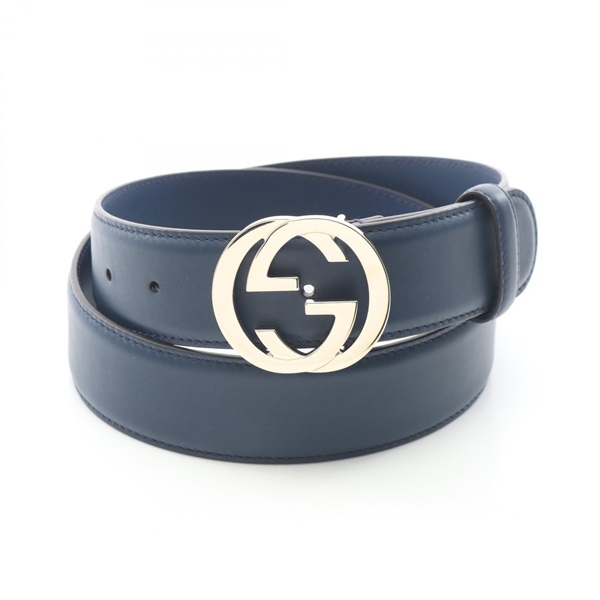 GUCCI Interlocking G Belt leather Navy Gold hardware Used mens GG