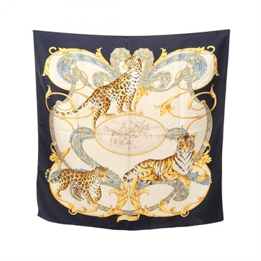 Salvatore Ferragamo All-over tiger leopard print Scarf Wrap silk Beige Navy Used