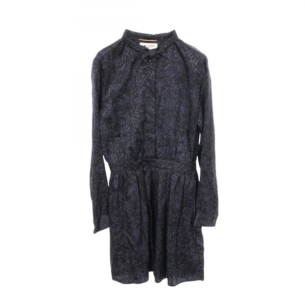 SAINT LAURENT PARIS Bow tie All-over print long sleeve Dress #36 silk Navy Used