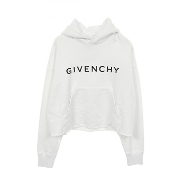 GIVENCHY Logo Print Cut-Off Cropped Hoodie Sweatshirt #M cotton White Used Women
