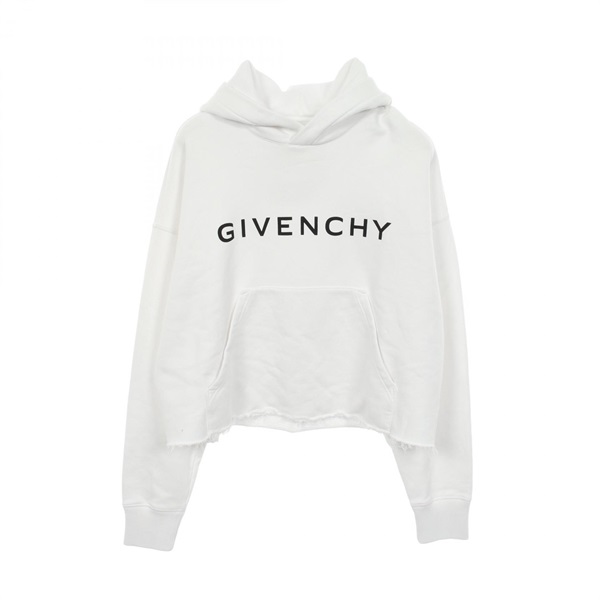 GIVENCHY Logo Print Cut-Off Cropped Hoodie Sweatshirt #M cotton White Used Women