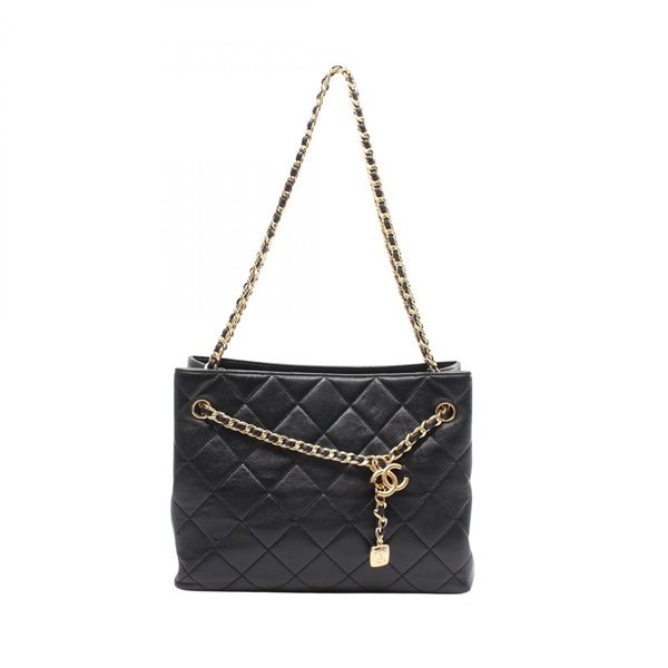 CHANEL Matelasse Shopping Chain Shoulder Tote Bag leather Black GHW Used Women