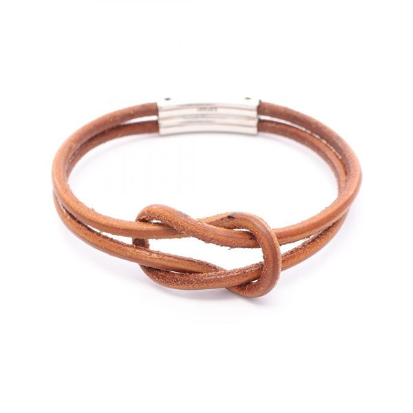 HERMES Hercules Bracelet Bangle leather Stainless Steel Brown Used Women
