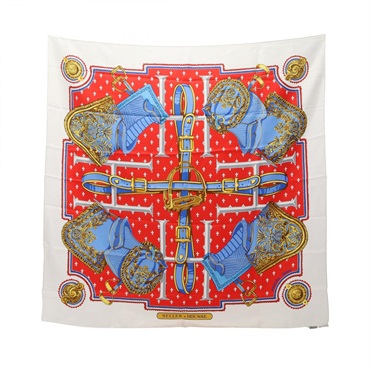 HERMES Carre 90 SELLES HOUSSE Scarf Foulard Wrap Stole silk White Red Used