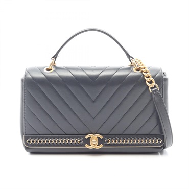 CHANEL Top handle V-stitch chain Shoulder hand Bag Lambskin Navy Used Women GHW