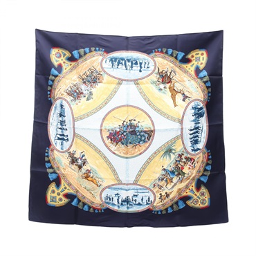 HERMES Carre90 CAVALIERS PEULS Scarf silk Navy Multicolor Used Women