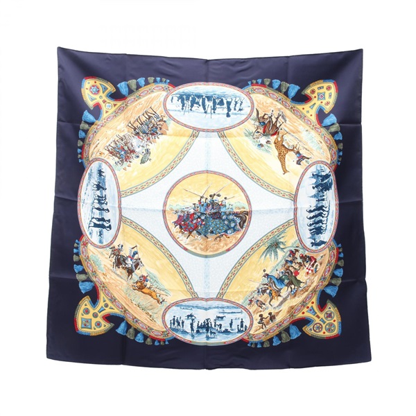 HERMES Carre90 CAVALIERS PEULS Scarf silk Navy Multicolor Used Women
