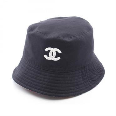 CHANEL M24C COCO Mark Reversible Bucket Hat Cap 58cm Fabric Black Used Women CC