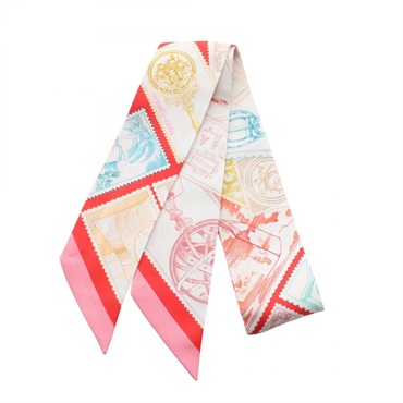 HERMES Twilly Le Philateliste du Faubourg Scarf silk White Red Used Women