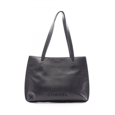 CHANEL Logo Tote Shoulder Bag Grained Calfskin leather Black GHW Used Women Coco