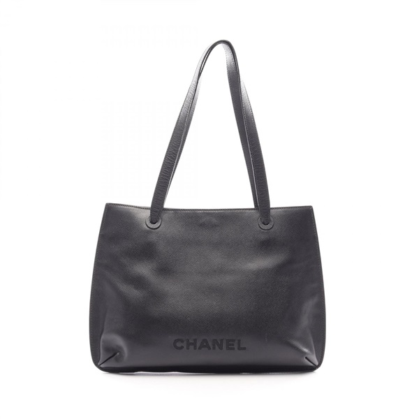 CHANEL Logo Tote Shoulder Bag Grained Calfskin leather Black GHW Used Women Coco