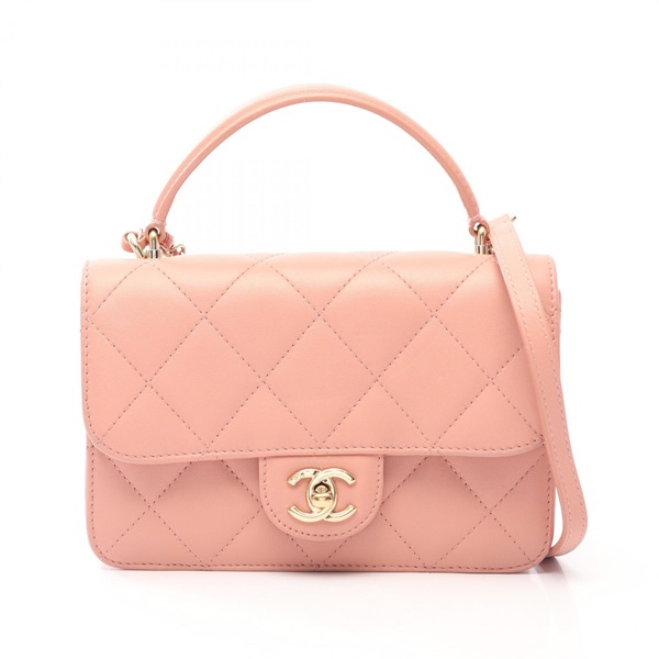 CHANEL Matelasse Top Handle Chain Shoulder Crossbody Handbag leather Pink Used