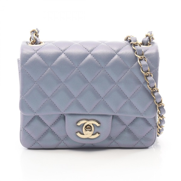 CHANEL Mini Matelasse Metallic Chain Shoulder Crossbody Bag leather Blue Used CC
