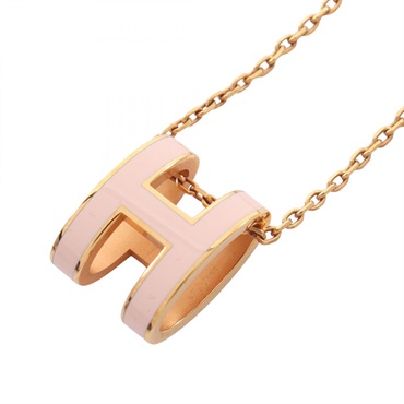 HERMES POP H Necklace Pendant Gold Plated Pink Used Women