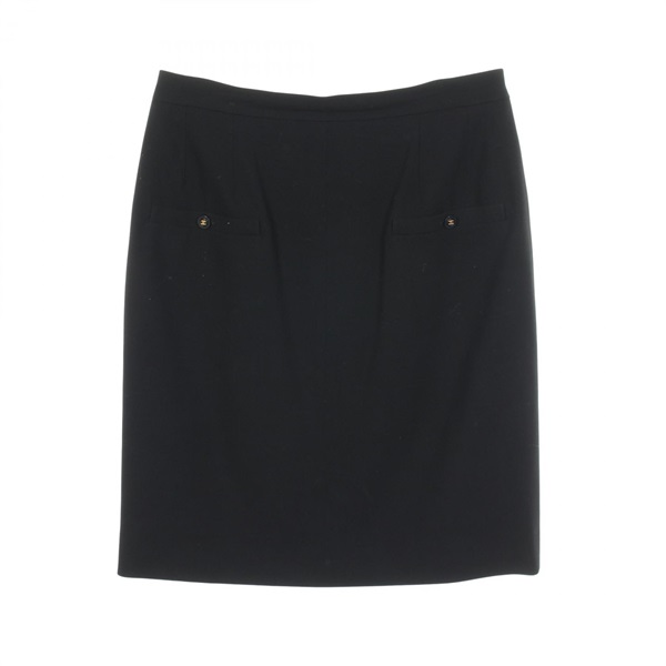 CHANEL COCO Mark button Skirt #46 P03041 wool Black Used Women CC